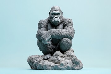 Fototapeta premium Gray gorilla sculpture seated on a rocky outcrop.
