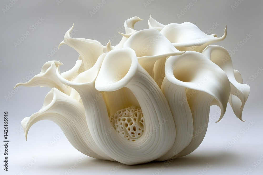 Poster unique white sculptural piece resembling organic forms displayed on a plain background