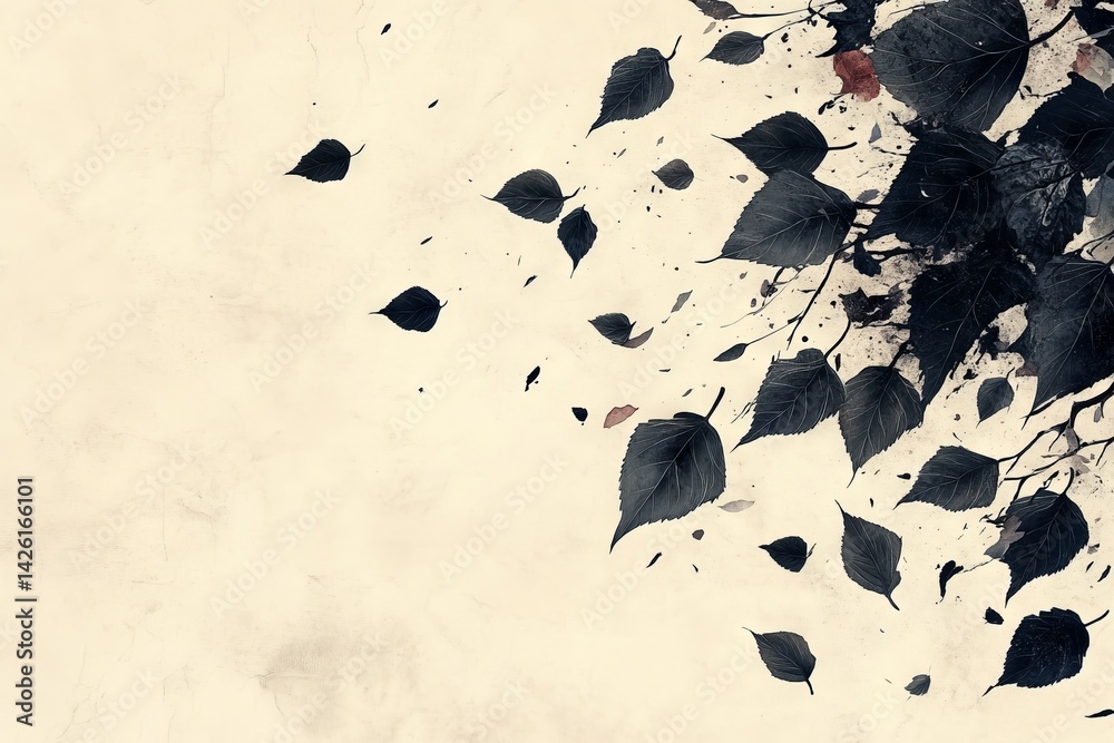 Poster Black leaves swirl artistically on soft beige background creating a striking contrast in a minimalist composition