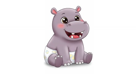 Naklejka premium Cartoon baby hippo in diaper image for childrens products