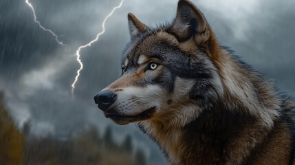 Obraz premium Majestic wolf standing proud against a stormy backdrop, showcasing strength and resilience.