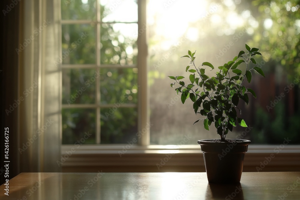 Aufkleber soft, natural light streams into a room with a large window, highlighting a potted plant on a table.