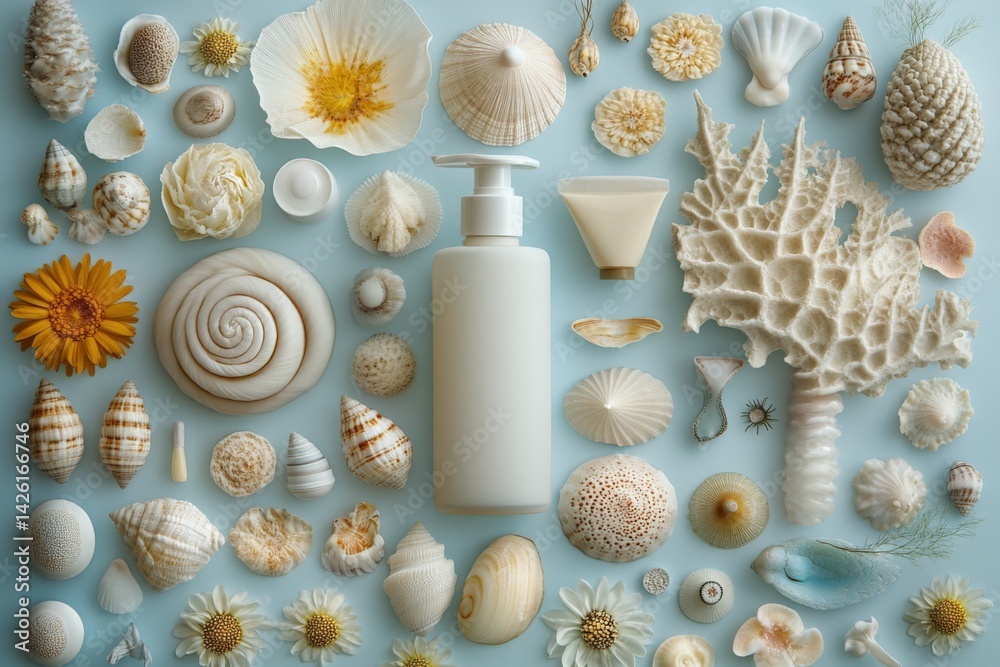 Poster collection of seashells and natural elements arranged on a blue background with a white lotion bottl