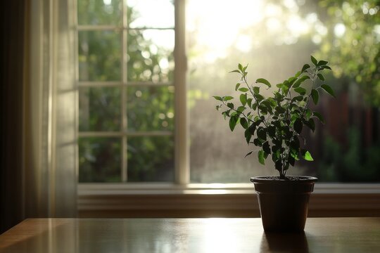 Soft, natural light streams into a room with a large window, highlighting a potted plant on a table. The peaceful scene offers ample space for text display