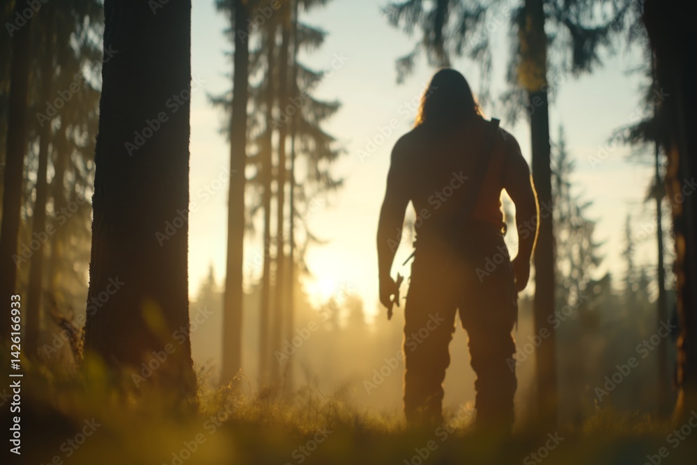 Poster Sunlight filters through tall trees on a tranquil morning, casting soft rays onto the forest floor while mist enhances the serene atmosphere of nature