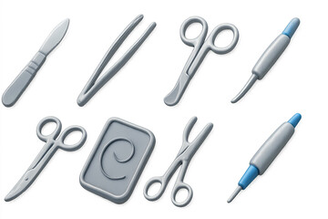 Medical tools icon set – 3d style healthcare and surgical equipment symbols for hospital and clinic use: scalpel, tweezers, scissors, dental tool, clipboard, syringe