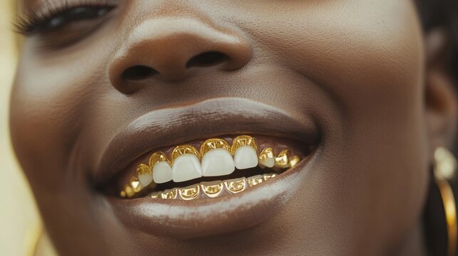 In a closeup, a person with a big smile is seen proudly showcasing their flashy and luxurious gold dental grills