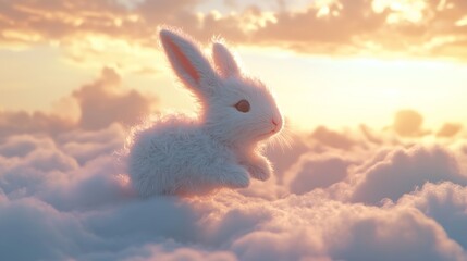 A fluffy white rabbit frolicking on soft clouds during a stunning sunset.