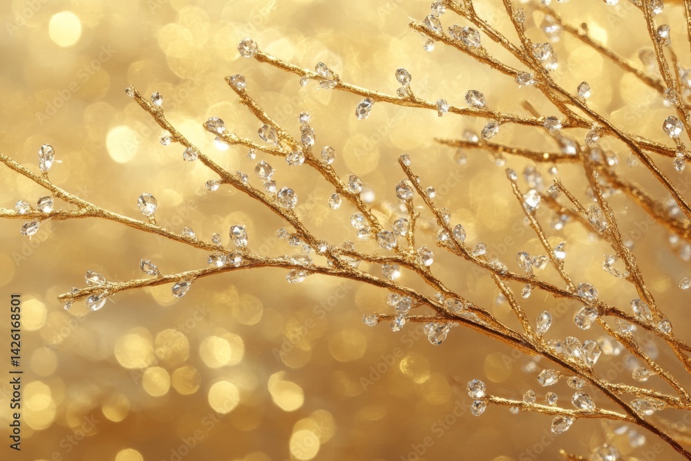 Aufkleber Delicate golden branches adorned with sparkling droplets against a shimmering background during a festive season