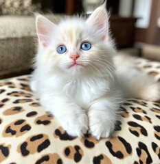 Fototapeta premium Fluffy white kitten, blue eyes, leopard print cushion, home interior, pet portrait