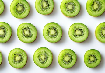 Fototapeta premium Vibrant kiwi slices arranged in an artistic pattern over a plain background showcasing their unique texture and fresh appeal