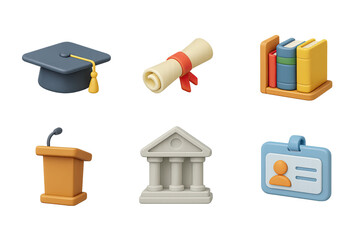 Education icon set – 3d style academic and learning symbols for school, college, and community: graduation cap, diploma, books, podium, university, id badge