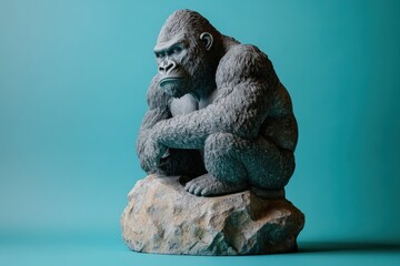 Fototapeta premium Gray gorilla sculpture sits contemplatively on a rock.