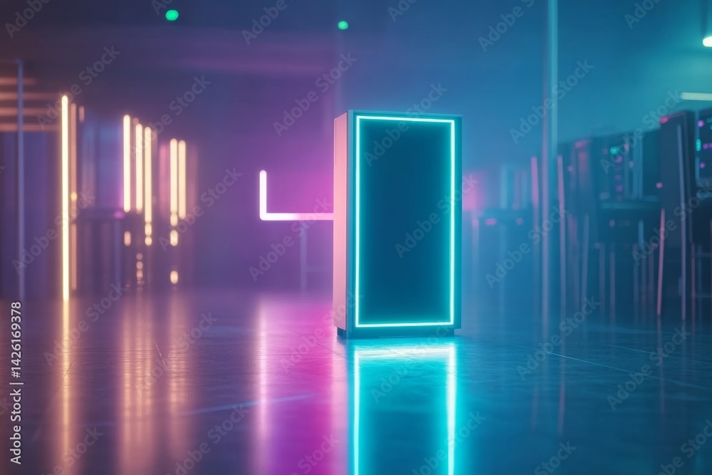 Poster a minimalist data center showcases a sleek server rack with glowing blue and green leds. polished fl