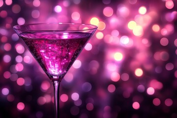 Sparkling cocktail in a sleek glass with purple bokeh background during a festive celebration