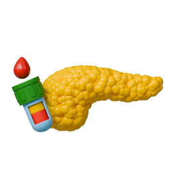 Pancreas with colorful test tube and blood drop symbol representing diabetes diagnosis or pancreatic enzyme analysis.