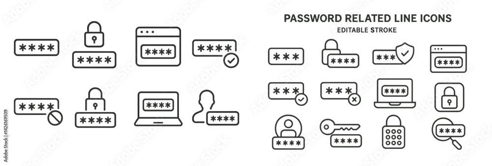 Aufkleber Set of web icons featuring password related designs in a clean line style for modern digital security applications