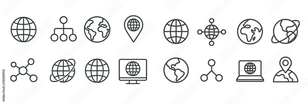 Aufkleber Set of line style web icons showcasing various global connectivity elements and digital interaction symbols