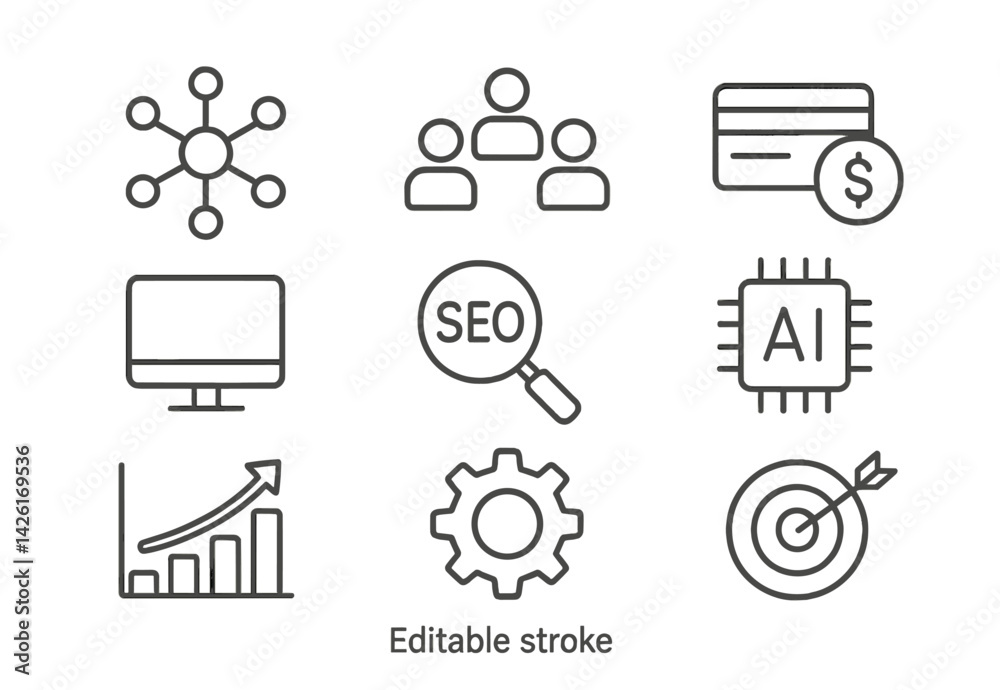 Poster Set of web icons depicting various digital concepts in line style design for modern applications