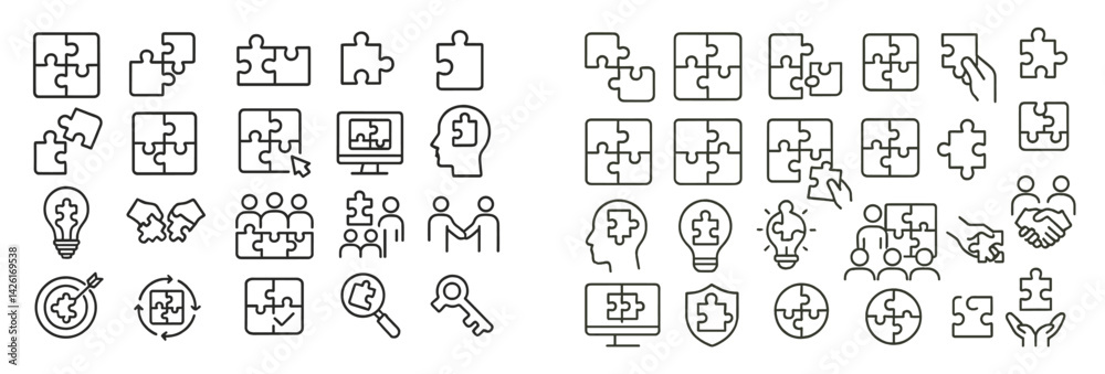 Poster Set of web icons in line style representing puzzle pieces, teamwork, and problem-solving concepts suitable for digital design projects