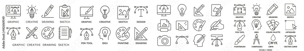 Poster Set of web icons in line style representing design, creativity, and drawing tools for graphic projects