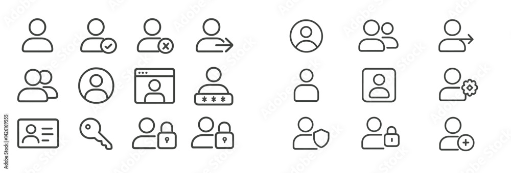 Poster Set of web icons in line style showcasing user profiles, security features, and social interactions suitable for modern applications