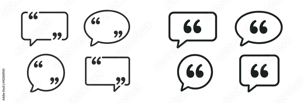 Poster Set of web icons showcasing line style speech bubbles and quotation marks for digital communication designs