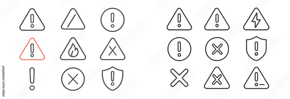 Poster Collection of web icons featuring line style warning and alert symbols for digital interfaces and applications
