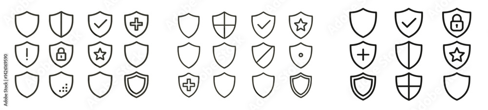 Poster Set of web icons featuring line style shields with various symbols and designs for digital security and protection themes