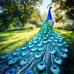 Obraz premium Majestic peacock displaying its vibrant plumage in a sunlit park garden; perfect for nature, wildlife, or travel publications