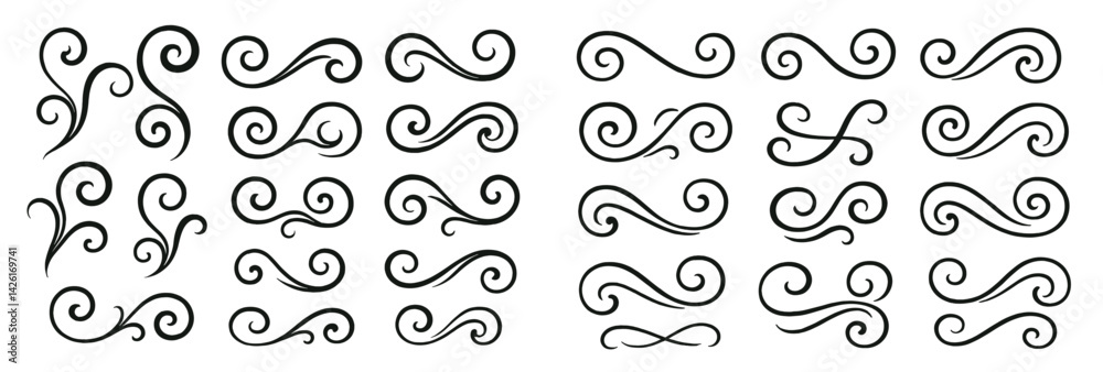 Poster Collection of line style web icons featuring elegant swirl designs for digital projects and creative applications