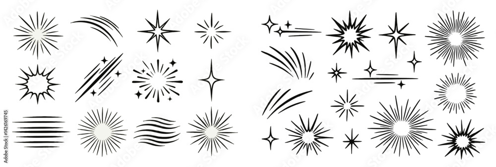Poster set of line style web icons featuring various starburst designs, decorative elements, and graphic em