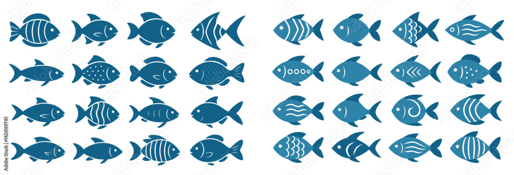 Poster Collection of web icons representing various fish designs in a clean line style for digital use