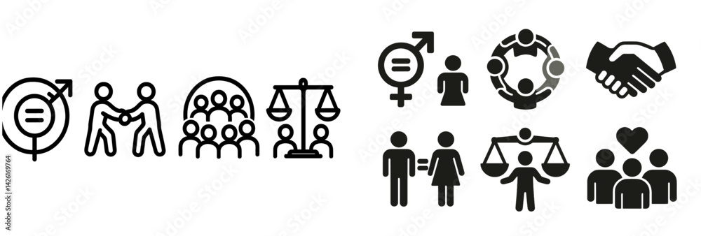 Poster Set of web icons illustrating social equality, community interaction, and justice in a clear line style for digital representation