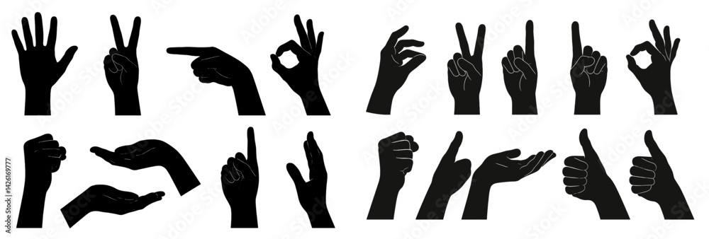 Poster Web icons showcasing a collection of hand gestures in line style for communication and interaction