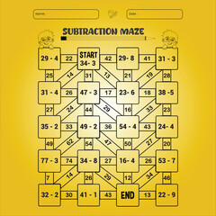 Subtraction maze puzzle worksheet for children