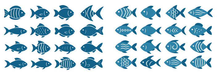 Fototapeta premium Collection of web icons representing various fish designs in a clean line style for digital use