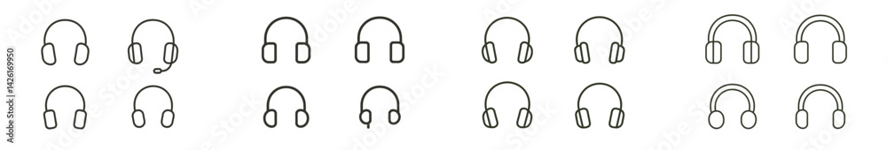 Poster Set of web icons showing various headphone designs in a minimalist line style for digital use