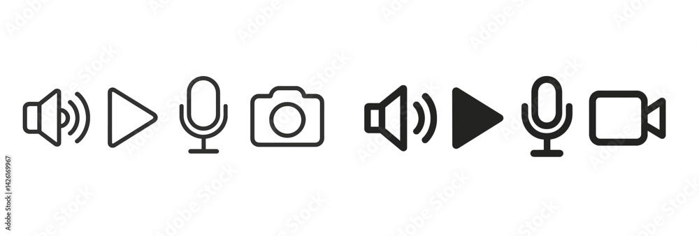 Leinwandbilder Collection of line style web icons representing various media elements and functionalities for digital interfaces