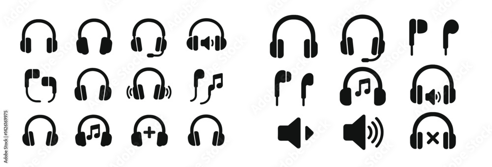 Poster collection of web icons featuring headphones, earphones, and music symbols in a clean, line style de