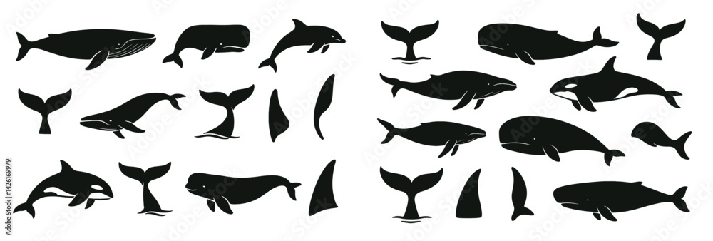 Aufkleber Set of web icons showcasing marine animals in line style including dolphins, whales, and tails for use in digital projects