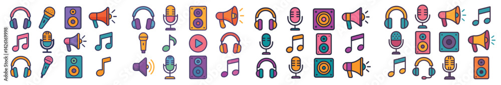 Poster collection of web icons featuring music symbols and audio equipment in a vibrant line style design