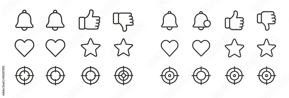 Fototapete Collection of line style web icons including feedback symbols and targeting graphics for digital platforms