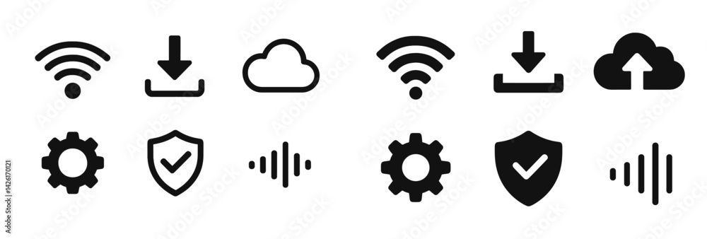 Poster Collection of minimalist web icons featuring line designs for various digital functions and services