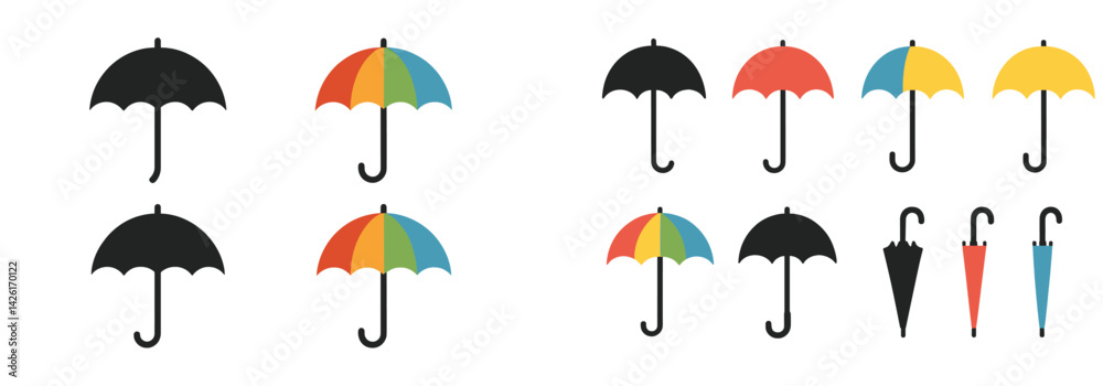 Poster Set of minimalistic web icons depicting various umbrella designs in simple line style suitable for modern applications