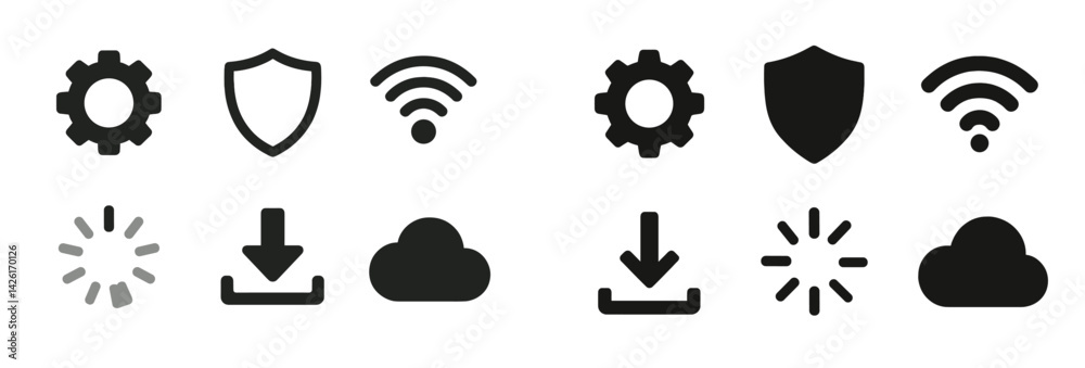 Poster Web icons collection in line style featuring connectivity, security, and cloud symbols designed for modern digital applications