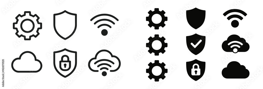 Poster Set of line style web icons featuring symbols for technology, security, connectivity, and cloud services designed for digital applications