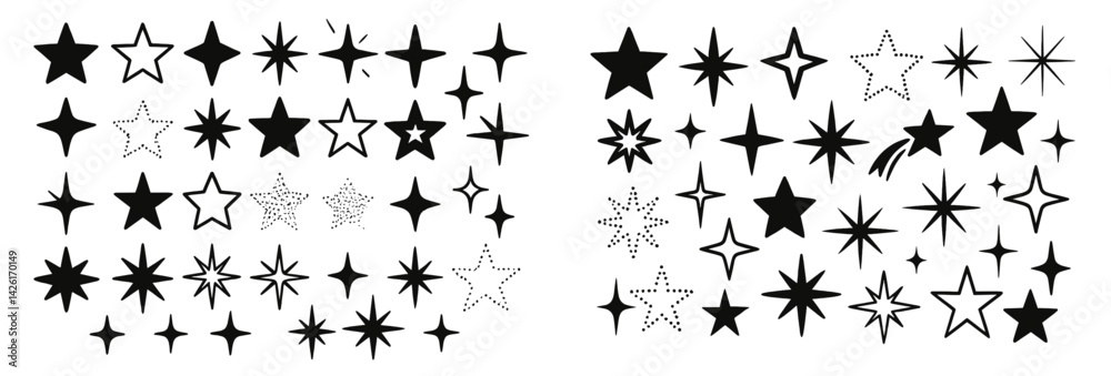 Poster Collection of line style web icons featuring various star designs and decorative elements for digital use