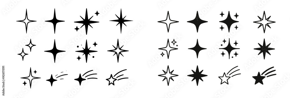 Aufkleber Collection of web icons featuring line style designs of stars, sparkles, and comet-like shapes for digital use or graphic projects
