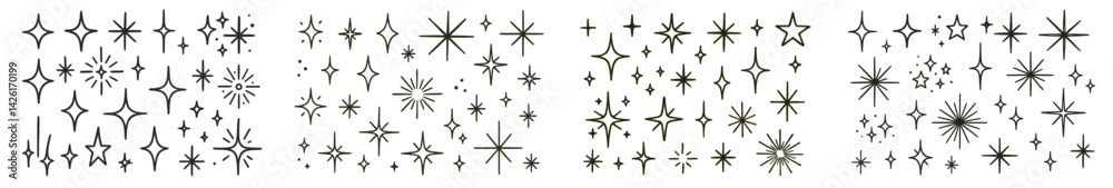 Poster Collection of web icons featuring various star and sparkle designs in line art style suitable for digital applications